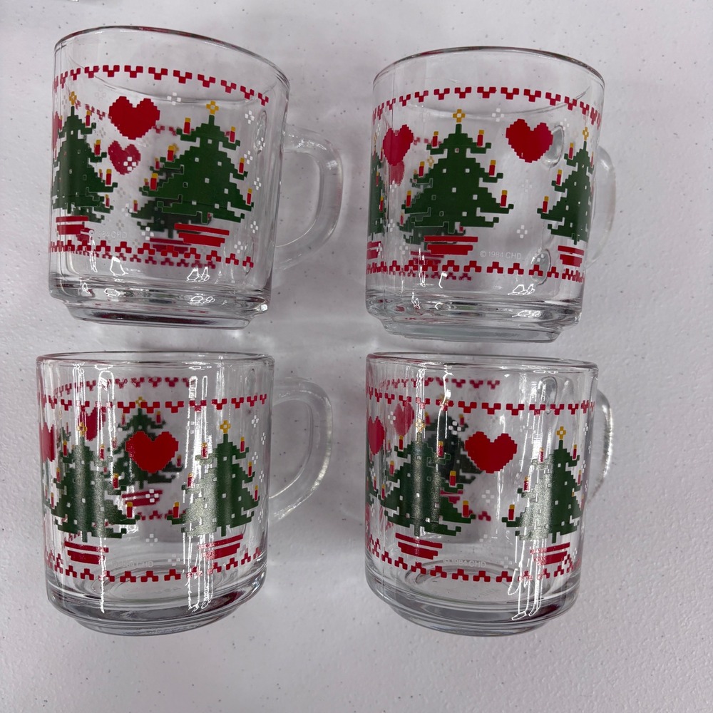 Vintage 1984 CHD Christmas Glass‎ Mugs Set of 4 Pixel Tree Heart Holiday Decor